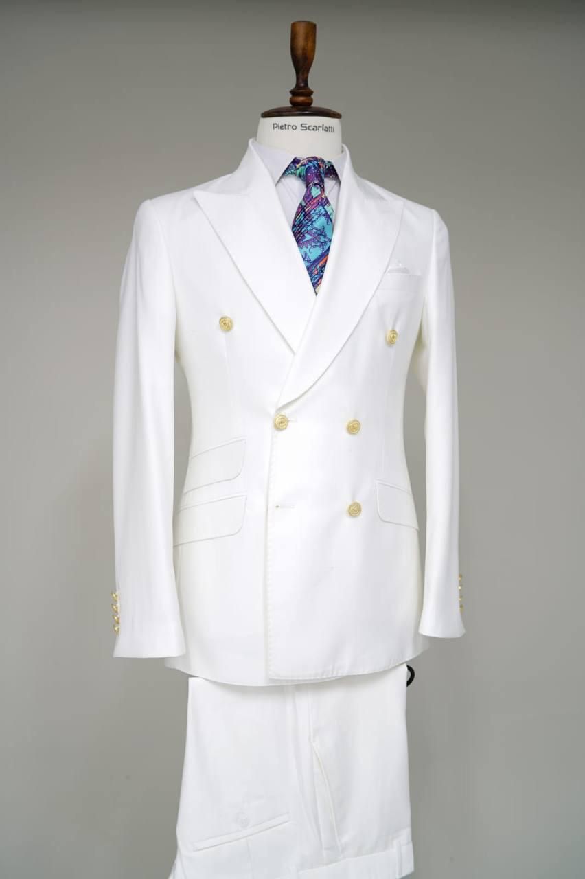 Mens White Double-Breasted Suit with Gold Buttons â€“ Formal Slim Fit 2-Piece Set - 34 Short or Extra Small