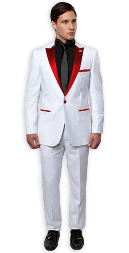 Mens New Years Outfit-Slim Tux White With Red Lapel