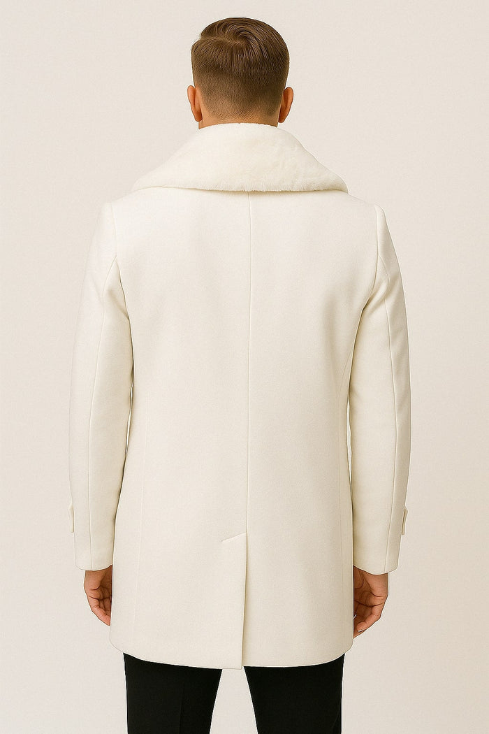 Mens White Peacoat Double-Breasted Overcoat with Faux Fur Shawl Collar â€“ Alberto Nardoni Collection Wool Fabric