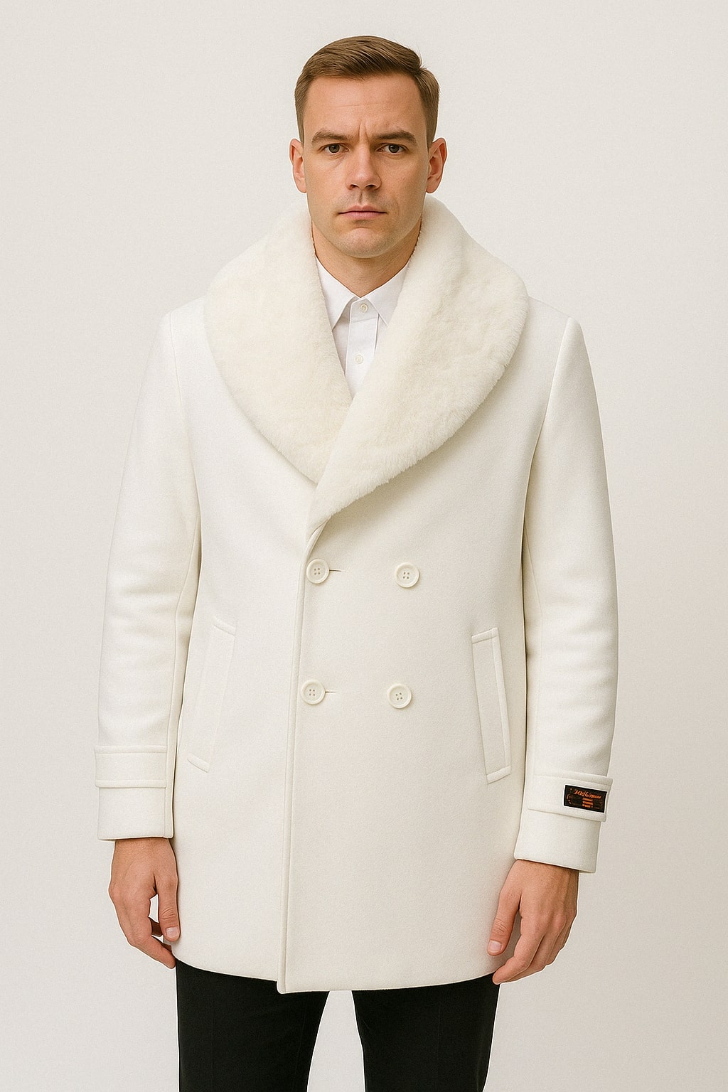 Mens White Peacoat Double-Breasted Overcoat with Faux Fur Shawl Collar – Alberto Nardoni Collection Wool Fabric - Coat Size 38