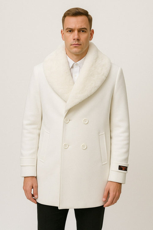 Mens White Peacoat Double-Breasted Overcoat with Faux Fur Shawl Collar â€“ Alberto Nardoni Collection Wool Fabric