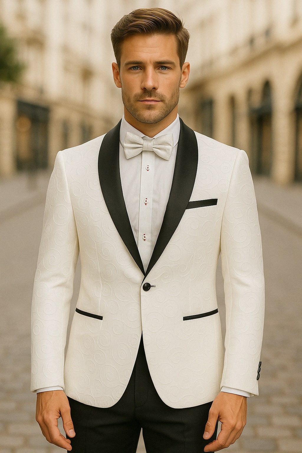 Mens White Swirl Embroidered Tuxedo Jacket with Black Satin Shawl Lapel and Matching Bow Tie - 34 Short or Extra Small