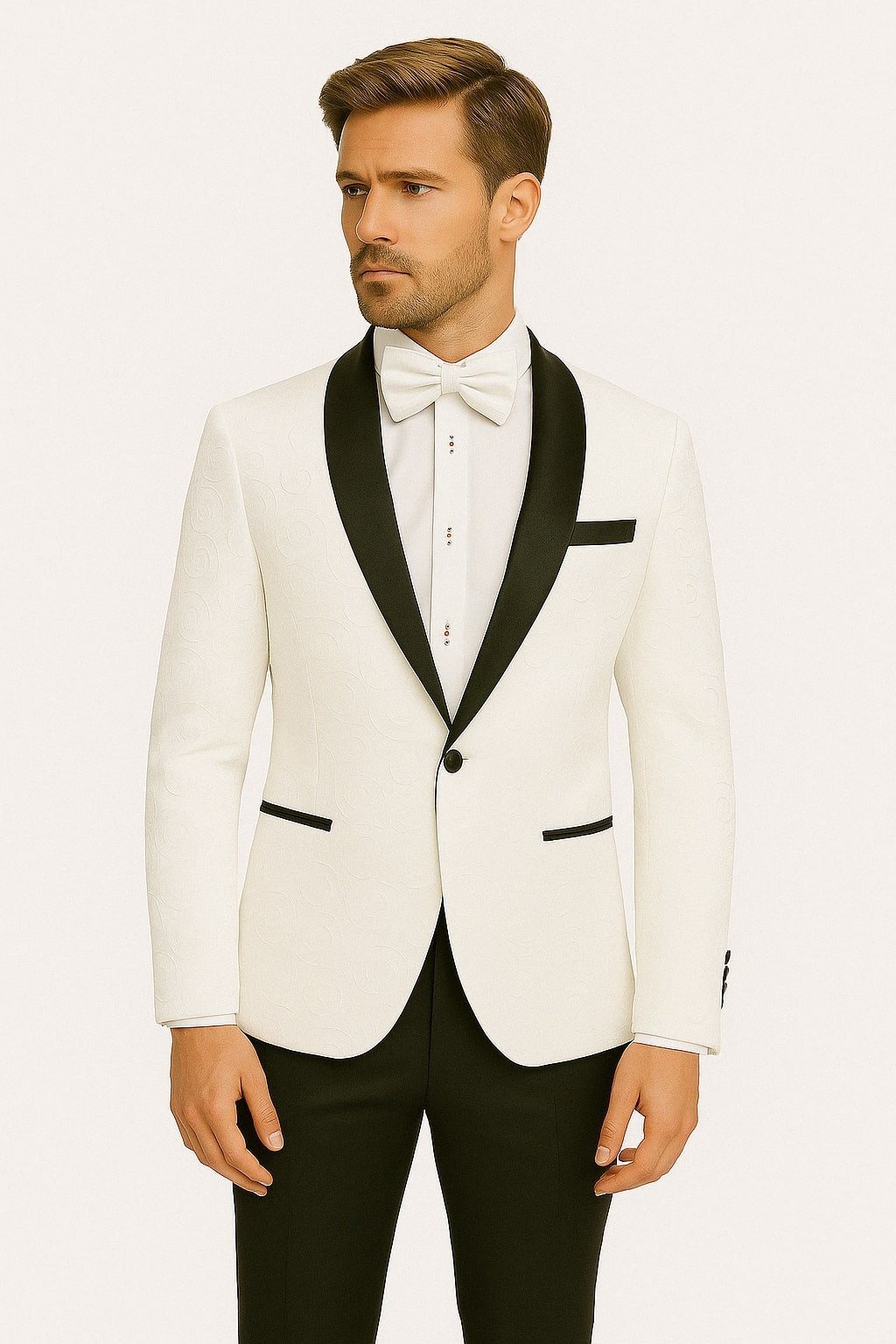 Mens White Swirl Embroidered Tuxedo Jacket with Black Satin Shawl Lapel and Matching Bow Tie - 34 Short or Extra Small
