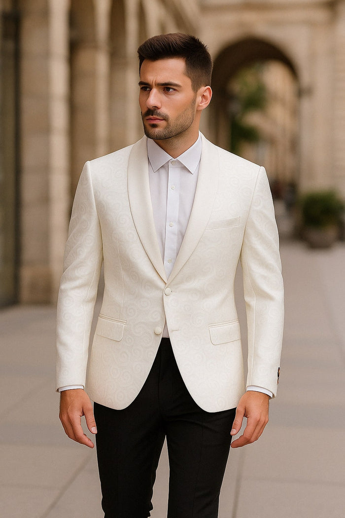 Mens White Swirl Pattern Tuxedo Jacket with White Satin Shawl Lapel
