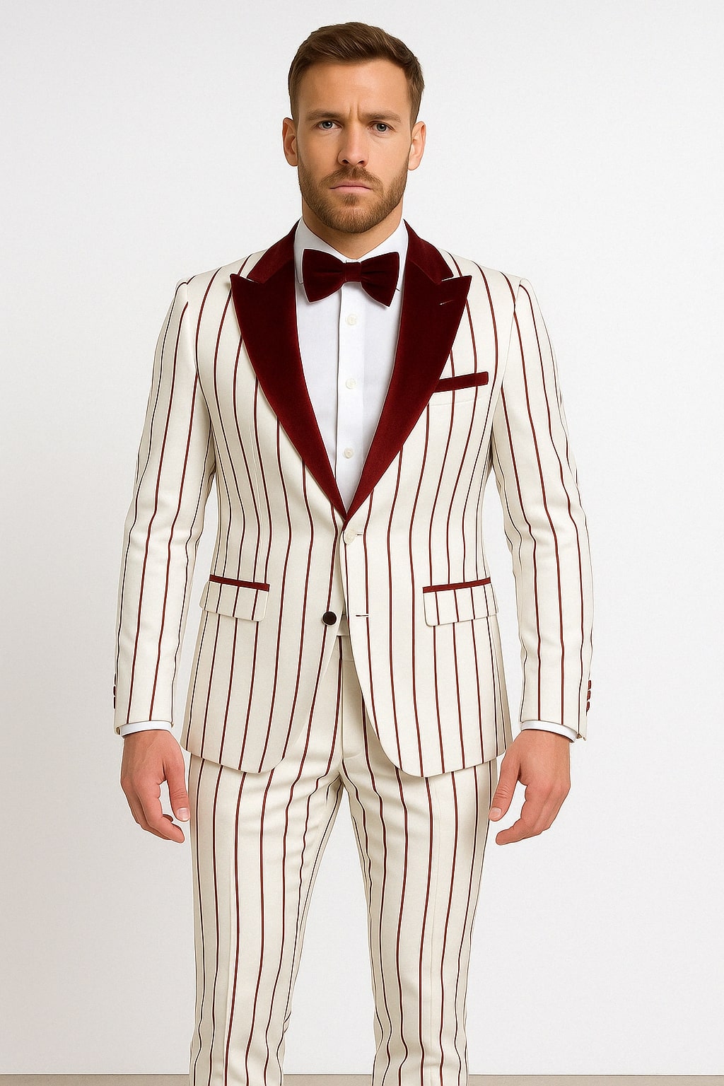Mens White and Burgundy Pinstripe Tuxedo with Velvet Shawl Lapel and Matching Bow Tie - 34 Short or Extra Small