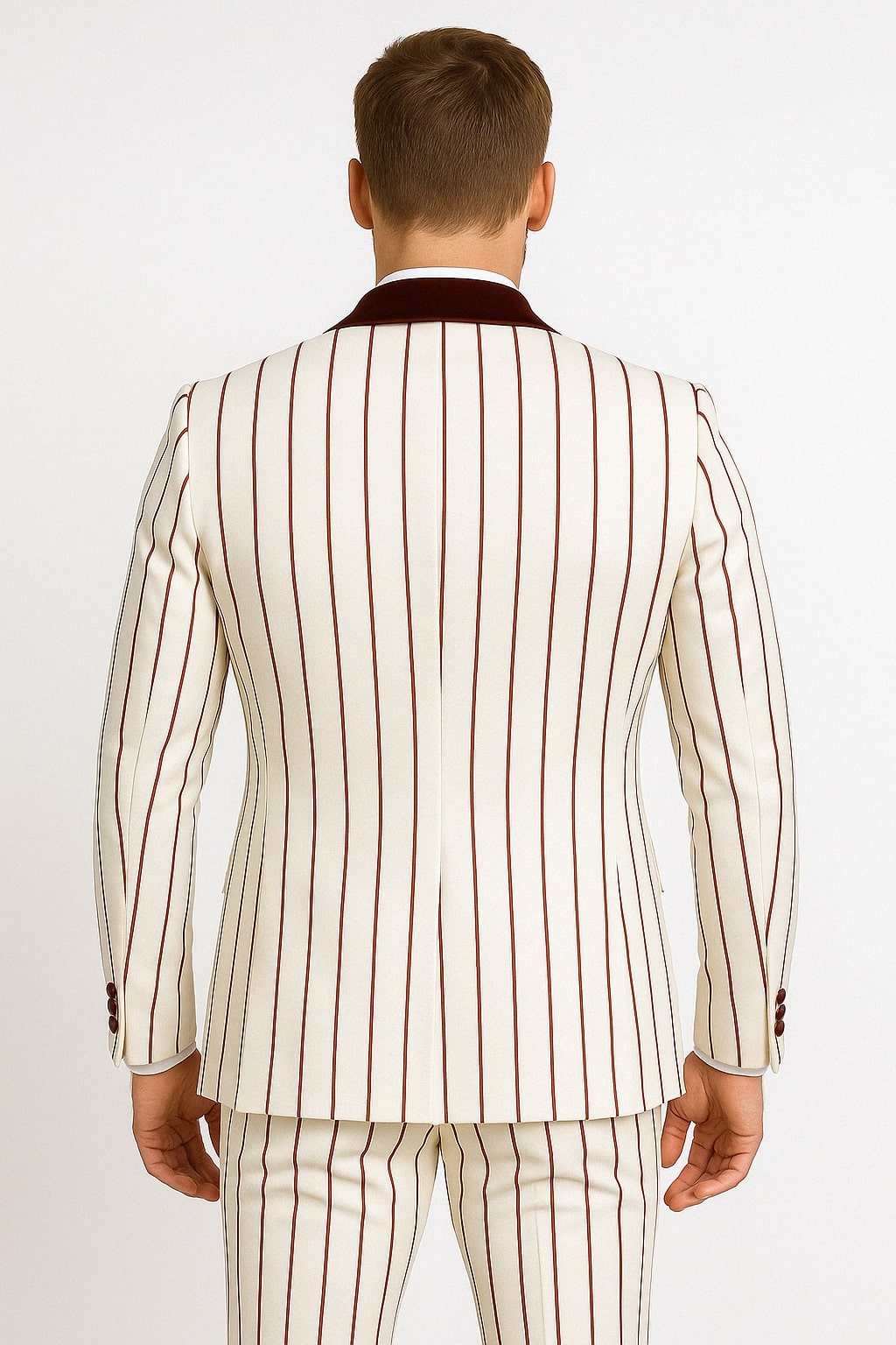 Mens White and Burgundy Pinstripe Tuxedo with Velvet Shawl Lapel and Matching Bow Tie - 34 Short or Extra Small