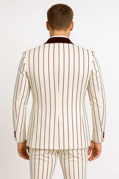 Mens White and Burgundy Pinstripe Tuxedo with Velvet Shawl Lapel and Matching Bow Tie