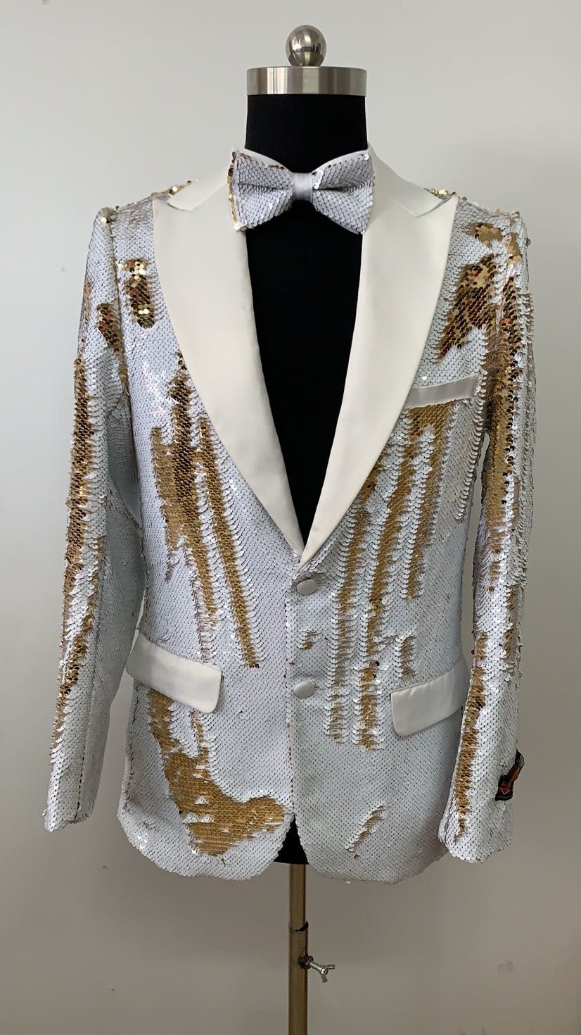 Mens White and Gold Reversible Sequin Tuxedo Jacket with Satin Lapel and Matching Bow Tie - 34 Short or Extra Small