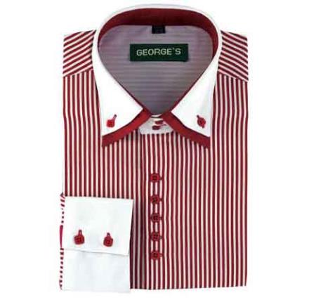 Wine Standard Cuff Long Sleeve White Collar Two Toned Contrast Two Tone Striped White Collared Contrast Men's Dress Shirt