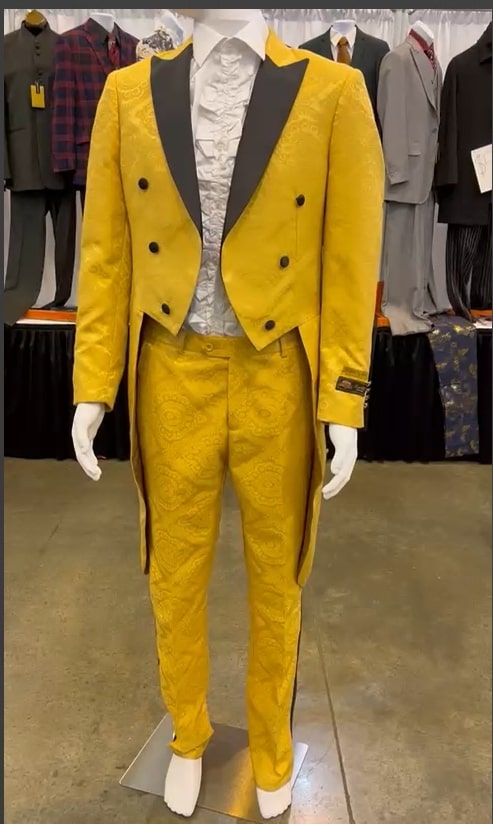 Mens Yellow Tailcoat Tuxedo with Black Lapel and Brocade Detailing â€“ Formal Vintage Style Suit - 34 Short or Extra Small