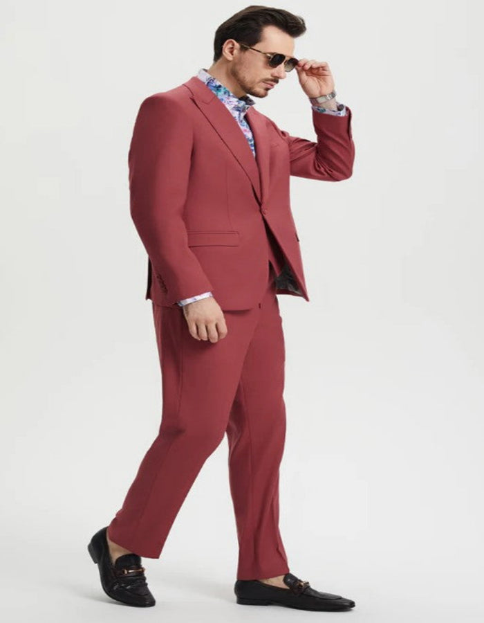 Men's One Button Peak Lapel Side Vent Flat Front Pant Suit in Coral Blush
