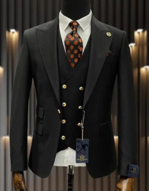Mens Double breasted Suit - " Black " 1920s 1980s Style Peak Lapel Suits -Â  Back Side VentedÂ  Mens One Button Peak Lapel Vested Wool Feel Suit- Designer Brand Gold buttons in Black