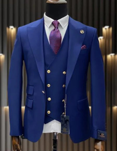 Mens Double breasted Suit - "Sapphire Blue" 1920s 1980s Style Peak Lapel Suits -Â  Back Side VentedÂ  Mens One Button Peak Lapel Vested Wool Suit with Gold buttons in Sapphire Blue
