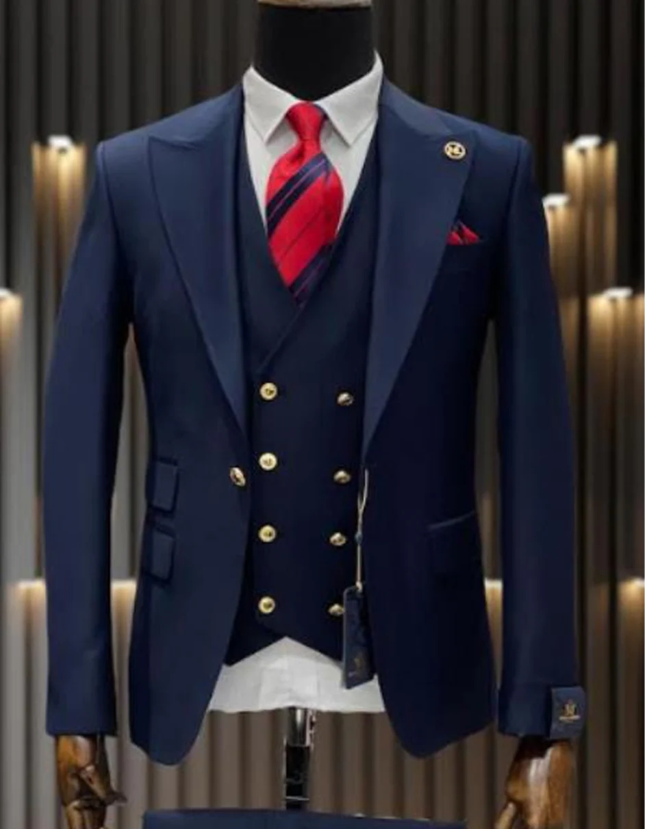 Best  Mens One Button Peak Lapel Vested Wool Suit with Gold buttons in Navy Blue - For Men  Fashion Perfect For Wedding or Prom or Business  or Church