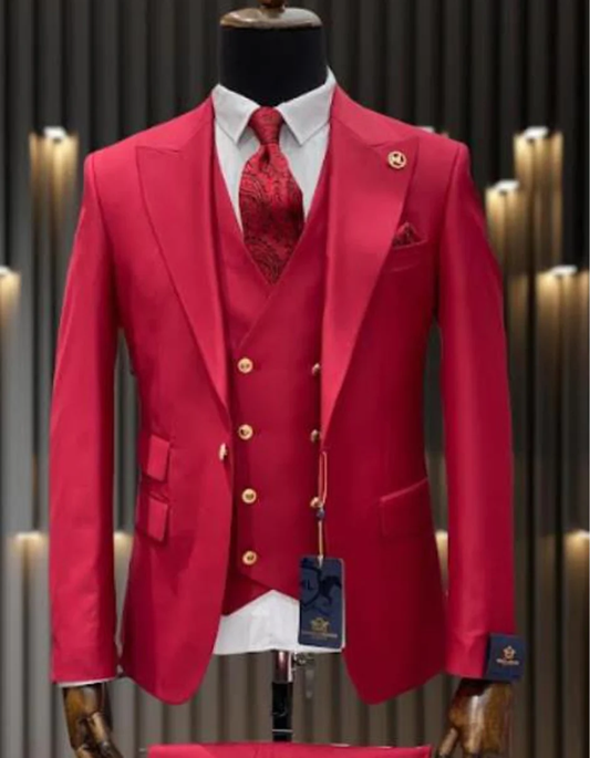 Best Mens One Button Peak Lapel Vested Wool Suit with Gold buttons in Red  - For Men  Fashion Perfect For Wedding or Prom 2025 or Business  or Church
