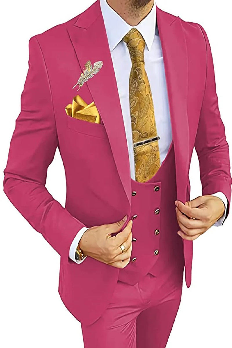 Mens One Button Peak Lapel Vested Wedding Suit with Gold buttons in Rose Gold Rose Gold Prom Suits