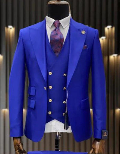 Mens Double breasted Suit - "Royal Blue" 1920s 1980s Style Peak Lapel Suits -Â  Back Side VentedÂ  Mens One Button Peak Lapel Vested Wool Suit with Gold buttons in Royal Blue white
