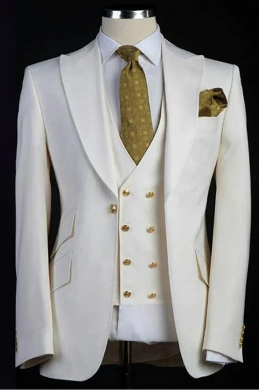 Best  Mens One Button Peak Lapel Vested Wedding Suit with Gold buttons in White  - For Men  Fashion Perfect For Wedding or Prom or Business  or Church White Prom Suits