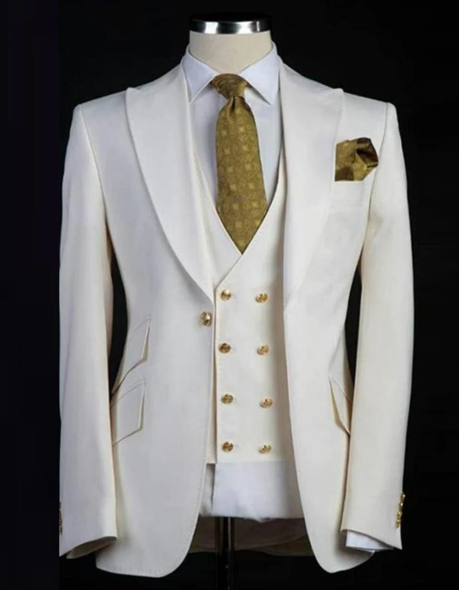 Best  Mens One Button Peak Lapel Vested Wedding Suit with Gold buttons in White  - For Men  Fashion Perfect For Wedding or Prom or Business  or Church