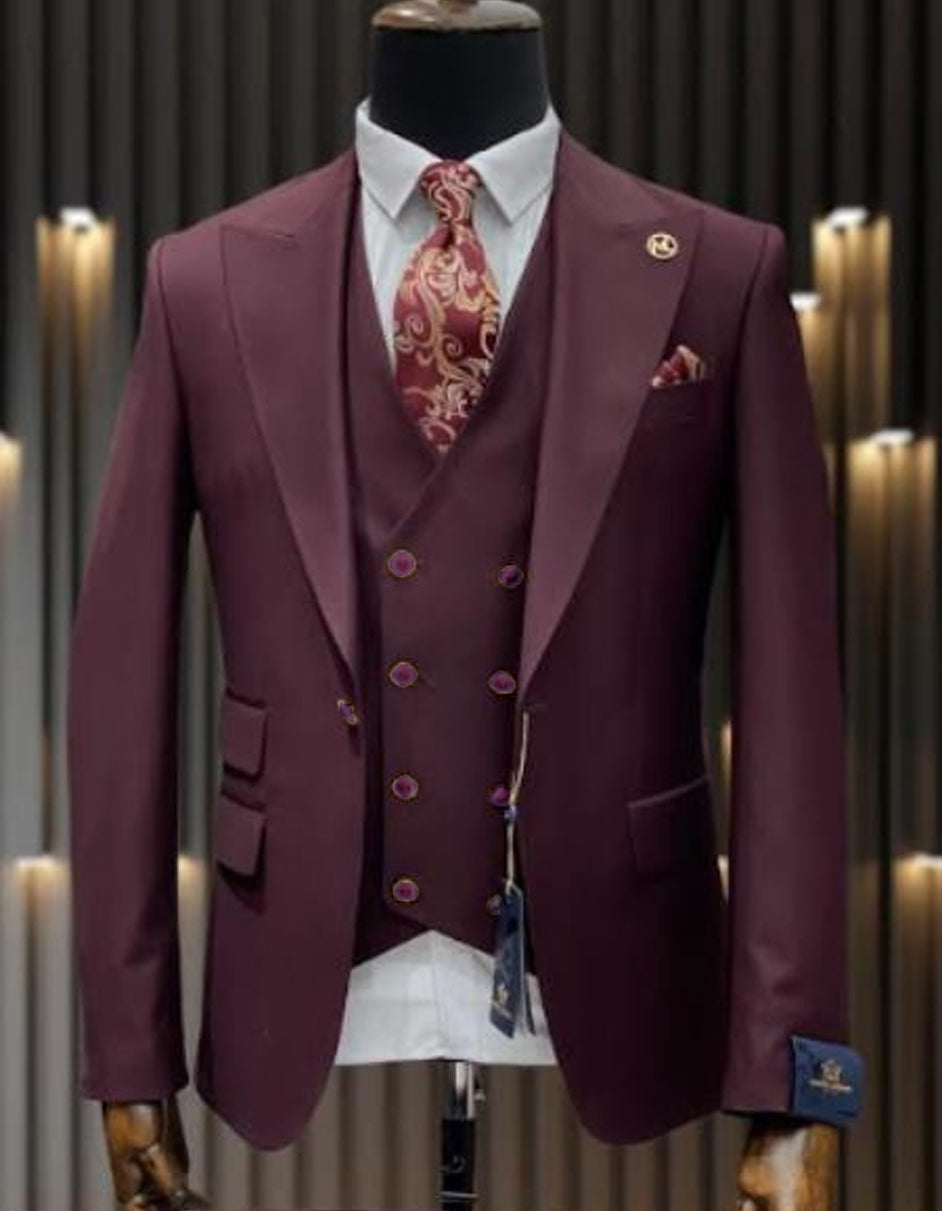 Mens One Button Peak Lapel Double Breasted Vest Wool Suit in Burgundy - 38 Short Jacket+32 Waist Adjustable 28to34)(Height: 5 4 to5 7 )(Neck  15-16.5)S-M)
