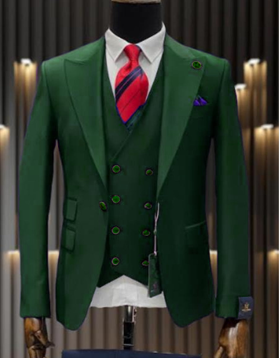 Mens One Button Peak Lapel Double Breasted Vest Wool Suit in Hunter Green