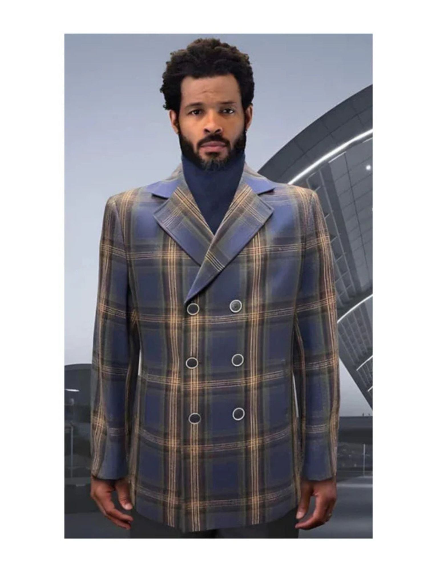 Mens Peacoat - Plaid Overcoats - Wool Carcoat Blue - Coat Size 38