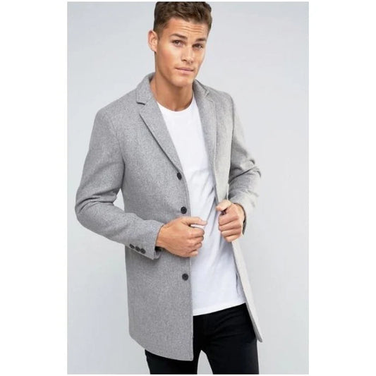 Mens Light Grey Slim Fit Wool Peacoat