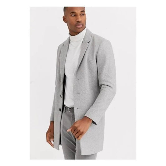 Mens Light Grey ~ Wine Reverse Button Placket Wool Coat