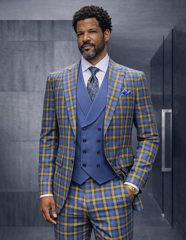 Statement Mens Modern Fit 3 Piece 100% Super 200s Wool Windowpane Plaid Suit – Double Breasted Vest - 34 Short or Extra Small