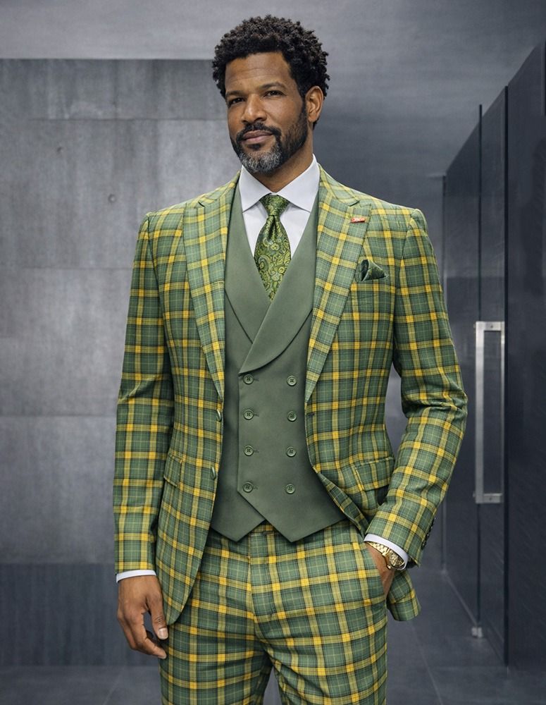Statement Mens Modern Fit 3 Piece 100% Super 200s Wool Windowpane Plaid Suit – Double Breasted Vest - 34 Short or Extra Small