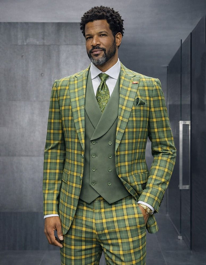 Statement Mens Modern Fit 3 Piece 100% Super 200s Wool Windowpane Plaid Suit – Double Breasted Vest