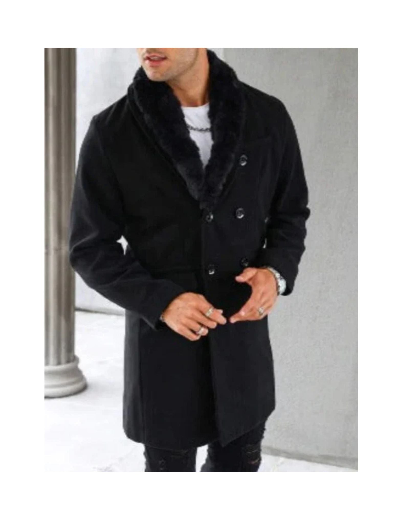 Mens Pea Coat With Fur Collar Coat - Wool and Cashmere Fabric Carcoat - Top Coat For Men black Color Overcoat