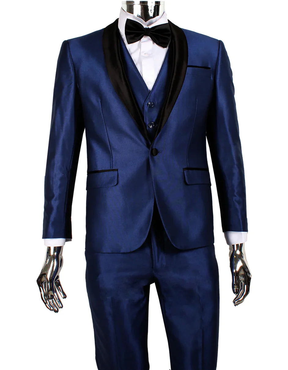 Mens Navy Blue Wedding Tuxedo - Dark Blue Tuxedo Suit" Mens 1 Button Shawl Lapel Vested Wedding | Prom Tuxedo in Navy Sharkskin