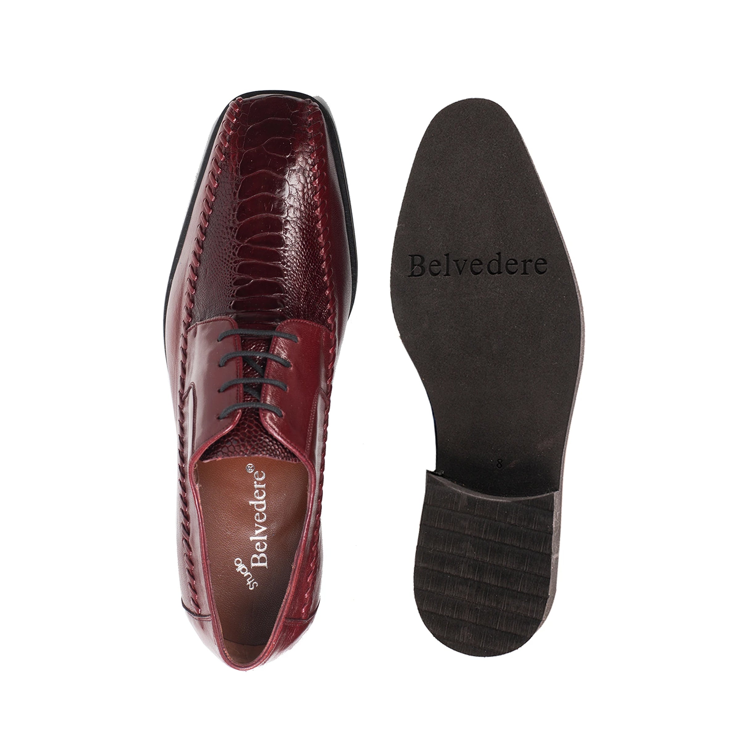 Mens Belvedere Tyson Genuine Ostrich & Calf Skin Dress Shoe in Burgundy - 8