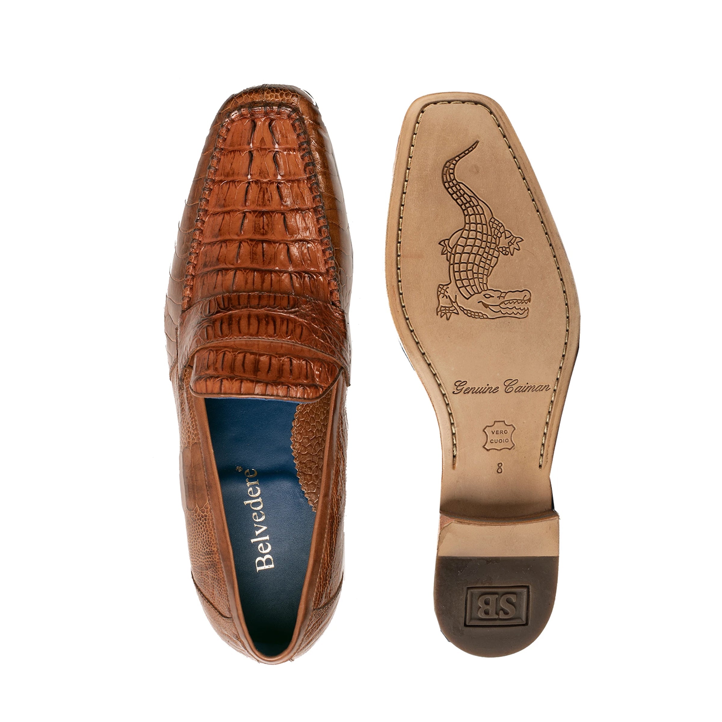Mens Belvedere Natale Genuine Crocodile Loafer Dress Shoe in Brandy - 9