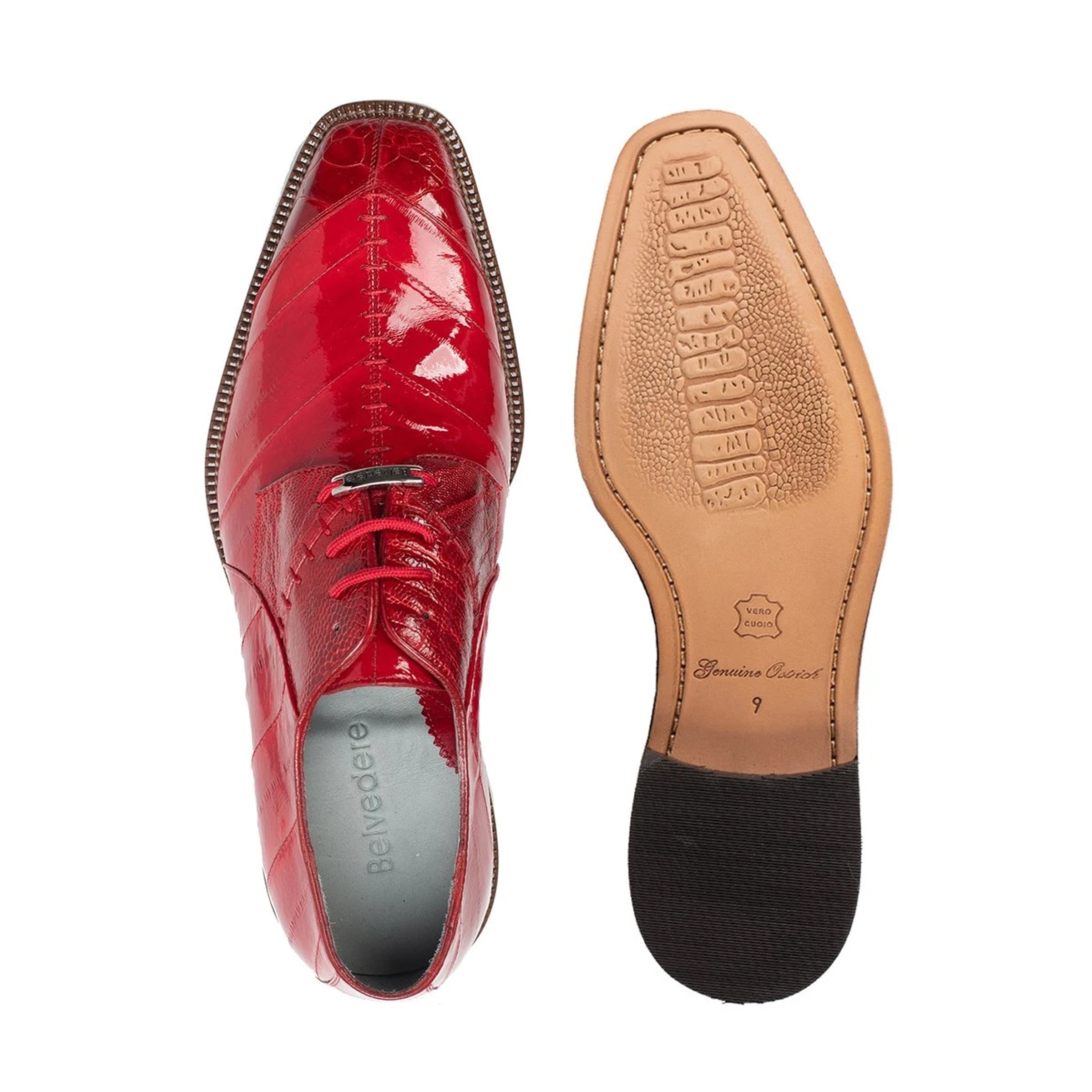 Mens Belvedere Nome Genuine Eel & Ostrich Lace Up Dress Shoe in Red - 9