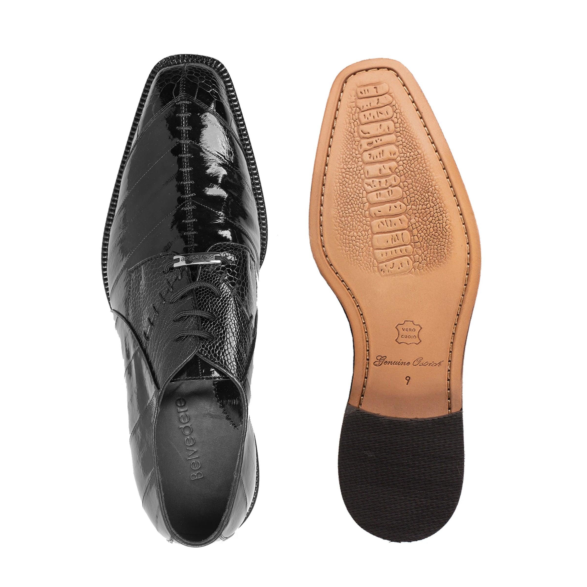Mens Belvedere Nome Genuine Eel & Ostrich Lace Up Dress Shoe in Black - 9