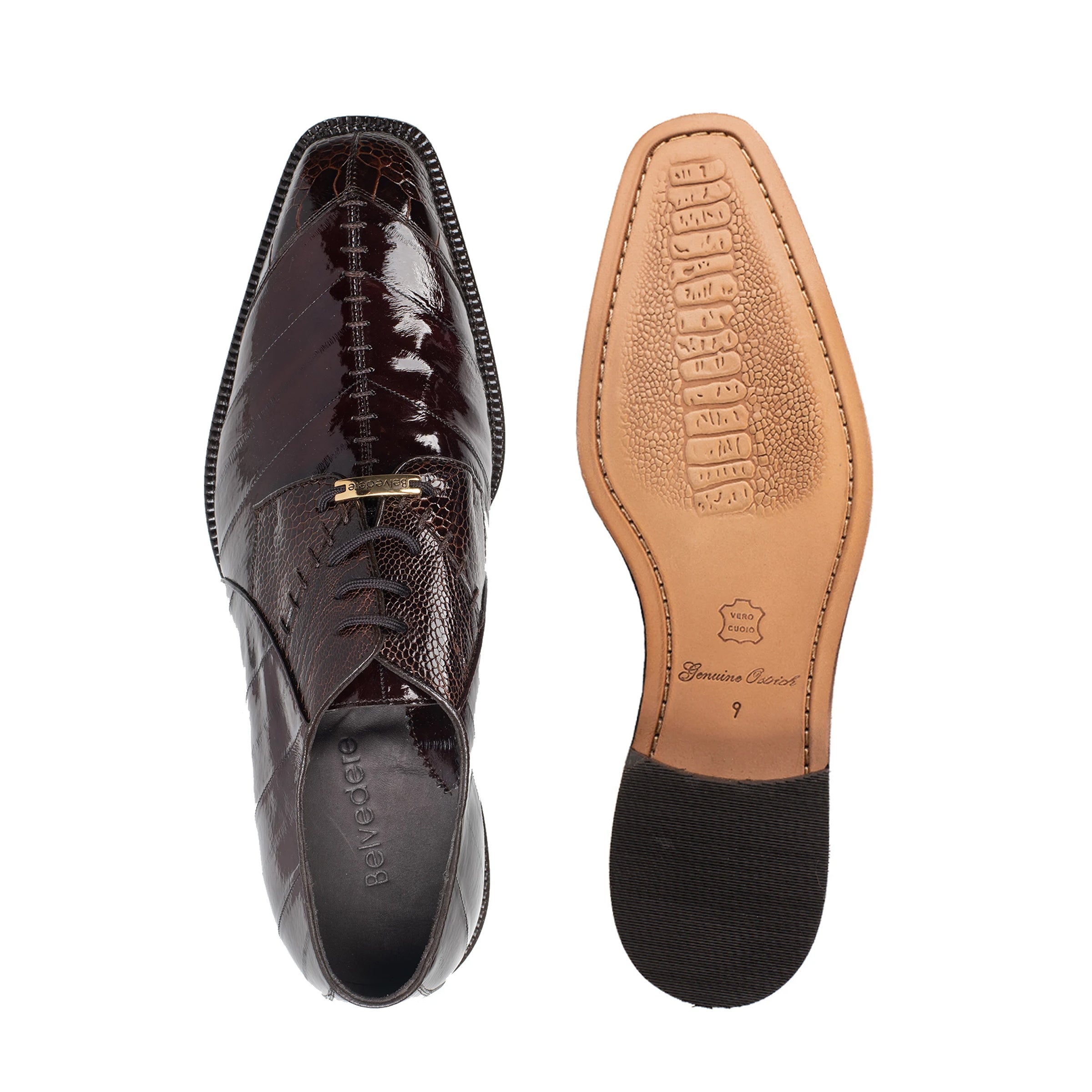 Mens Belvedere Nome Genuine Eel & Ostrich Lace Up Dress Shoe in Brown - 9
