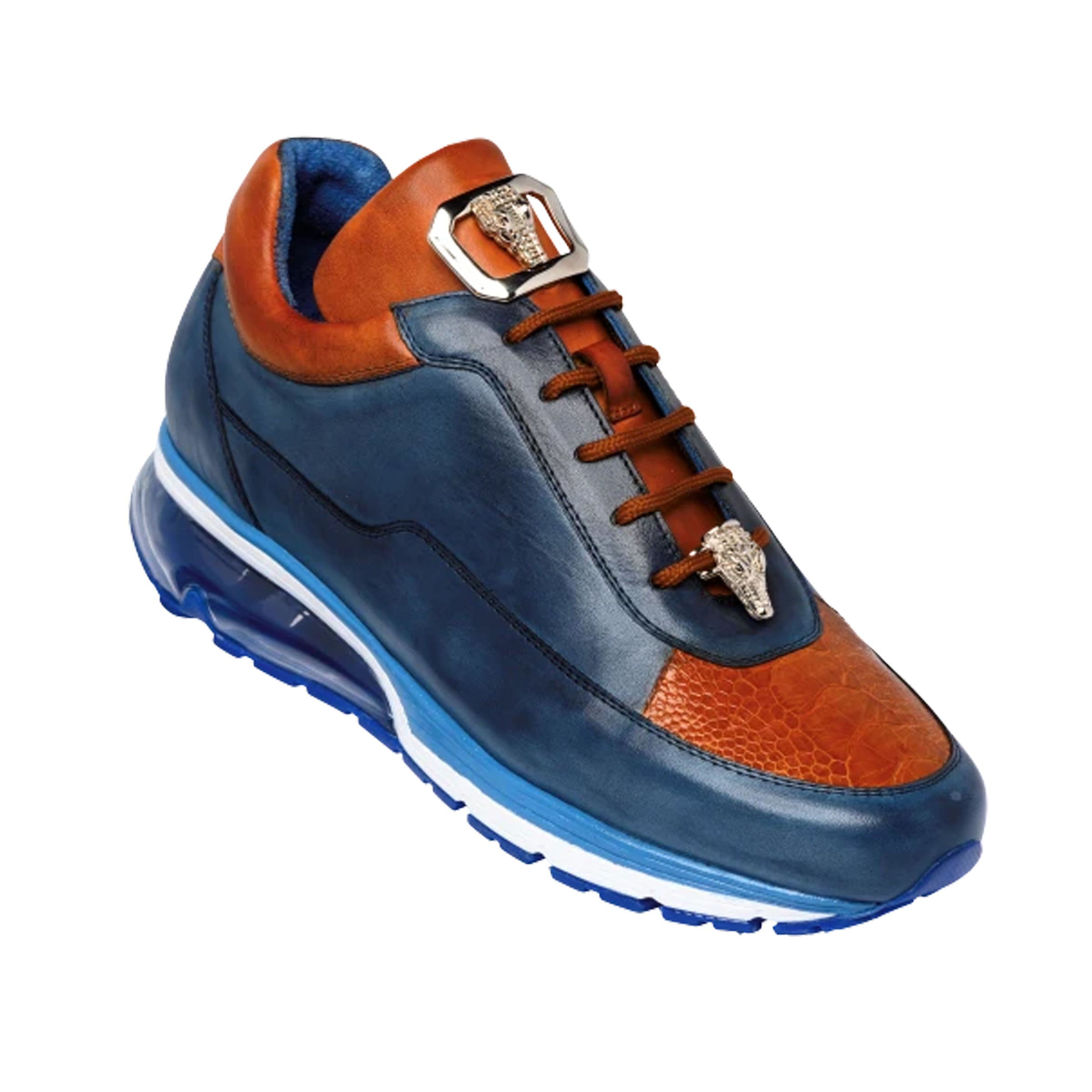 Mens Belvedere Flash Calfskin & Crocodile Sneaker in Blue & Cognac - 11
