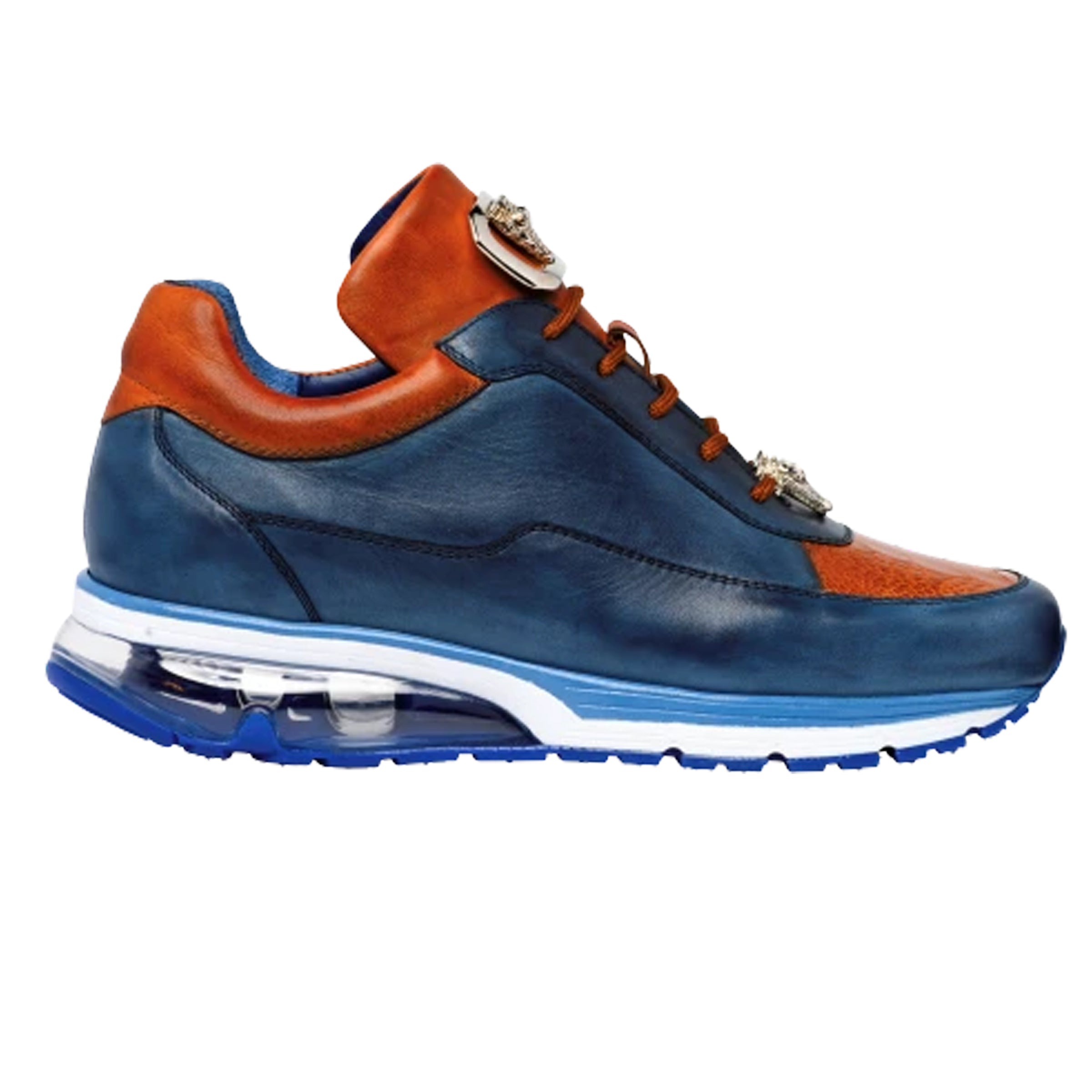 Mens Belvedere Flash Calfskin & Crocodile Sneaker in Blue & Cognac - 11