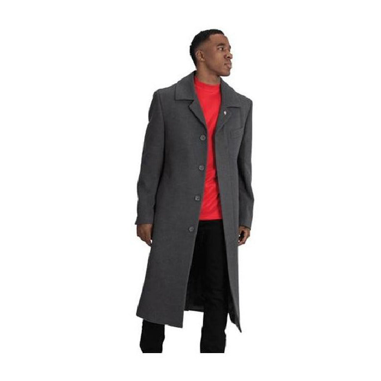 Mens Blue Martini Four Button Wool Full Length Charcoal Overcoat