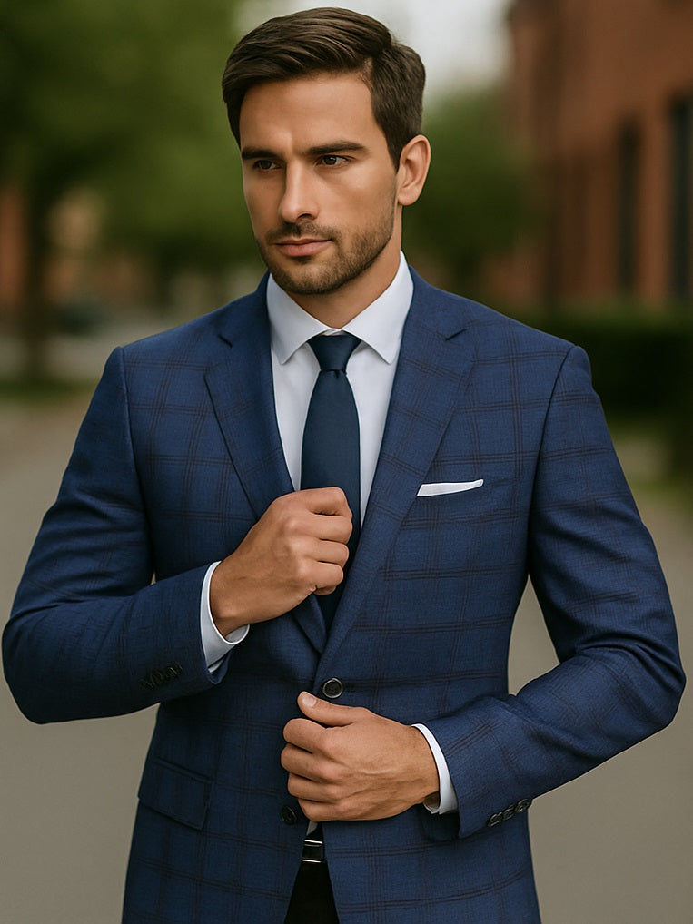 Mens Blue And Black Plaid Sport Coat - 36 Short