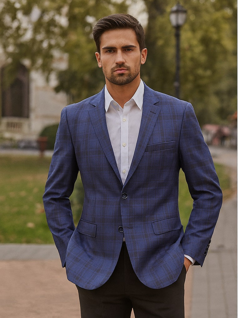 Mens Blue And Black Plaid Sport Coat - 36 Short