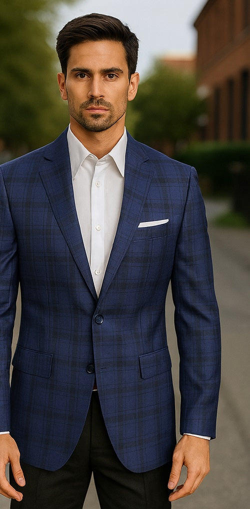 Mens Blue And Black Plaid Sport Coat - 36 Short