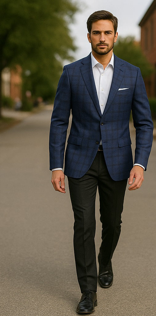 Mens Blue And Black Plaid Sport Coat - 36 Short