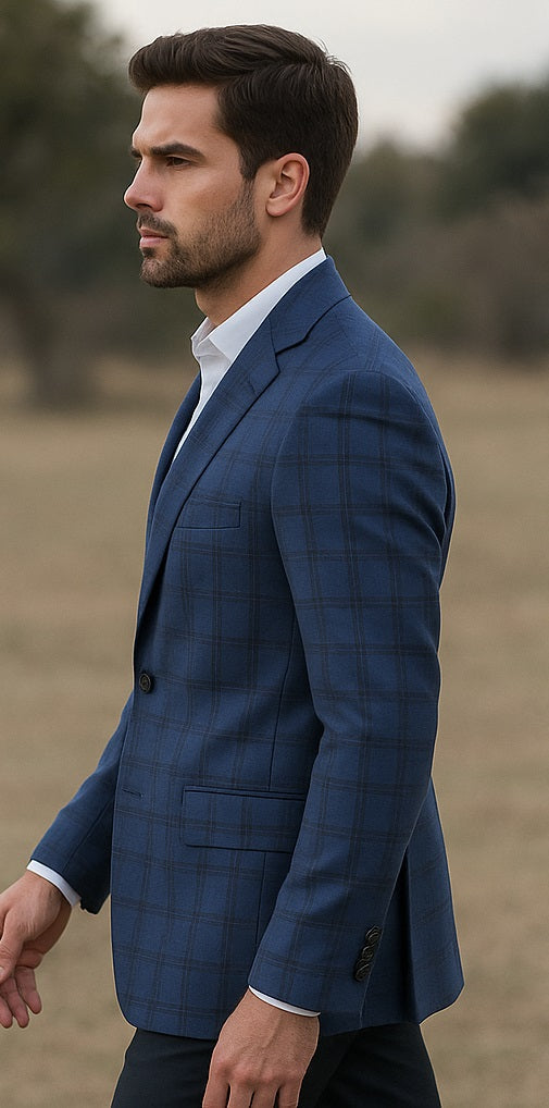 Mens Blue And Black Plaid Sport Coat - 36 Short