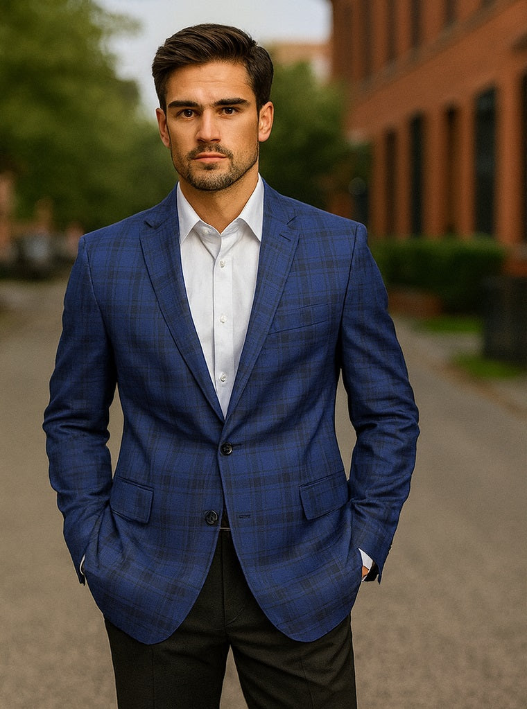 Mens Blue And Black Plaid Sport Coat - 36 Short