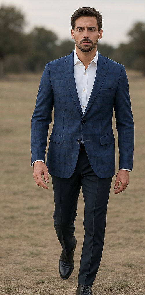 Mens Blue And Black Plaid Sport Coat - 36 Short