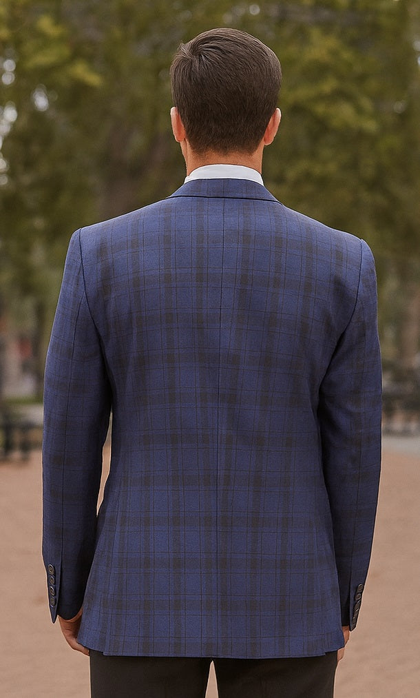 Mens Blue And Black Plaid Sport Coat - 36 Short