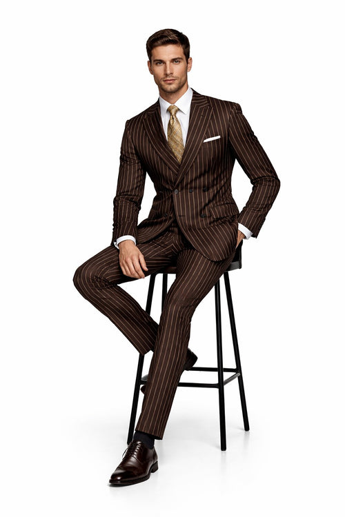 Men's Designer Double Breasted Wool Suit in Bold Brown Gangster Pinstripe.